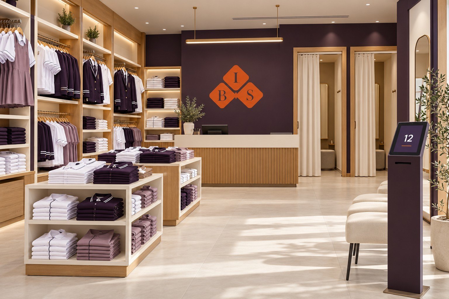 The BLS Store on campus with uniforms on shelves, fitting rooms and a queue screen